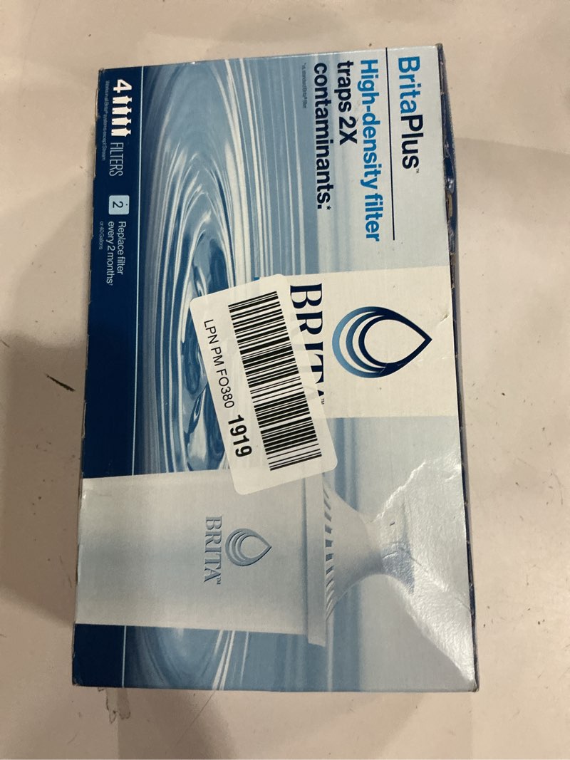 Condition photo showing New/Like New for brita plus water filter, bpa-free, high-density replacement filter for pitchers and dispensers, reduces 2x contaminants*, lasts two months or 40 gallons, includes 4 filters