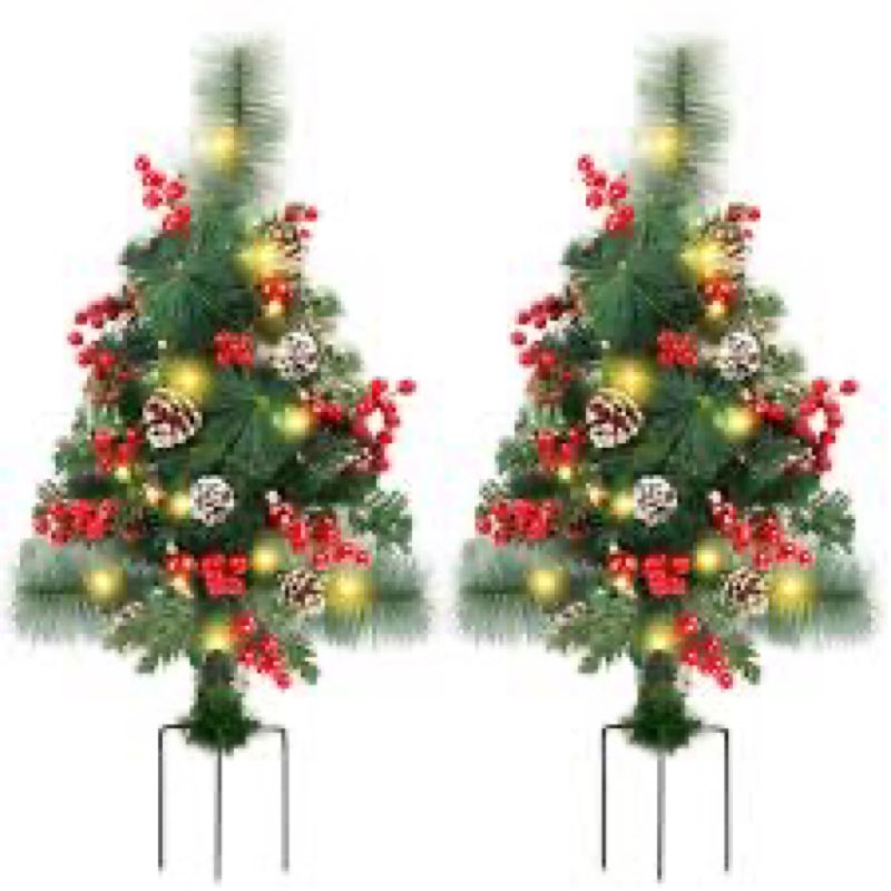 Lifecapido 2 Pack Outdoor Christmas Tree Urn Filler, 24 Inch Pre-lit Xmas Planter Bushes Filler with