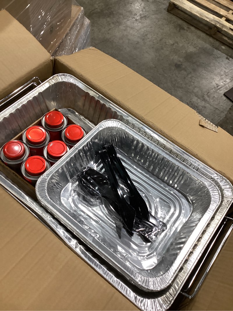 Condition photo showing Good Condition for large full size 33-pcs disposable chaffing buffet with-covers, utensils, fuel cans – premium chafing dish set for events, parties, catering complete kit (with racks)