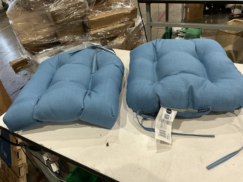 Condition photo showing Good Condition for arden indoor/outdoor rocking chair or wicker chair cushion, 2-pack, 20 x 18, water repellent, rain proof, fade resistant cushion for rocking or rounded back chair french blue texture 18 x 20 french blue 2