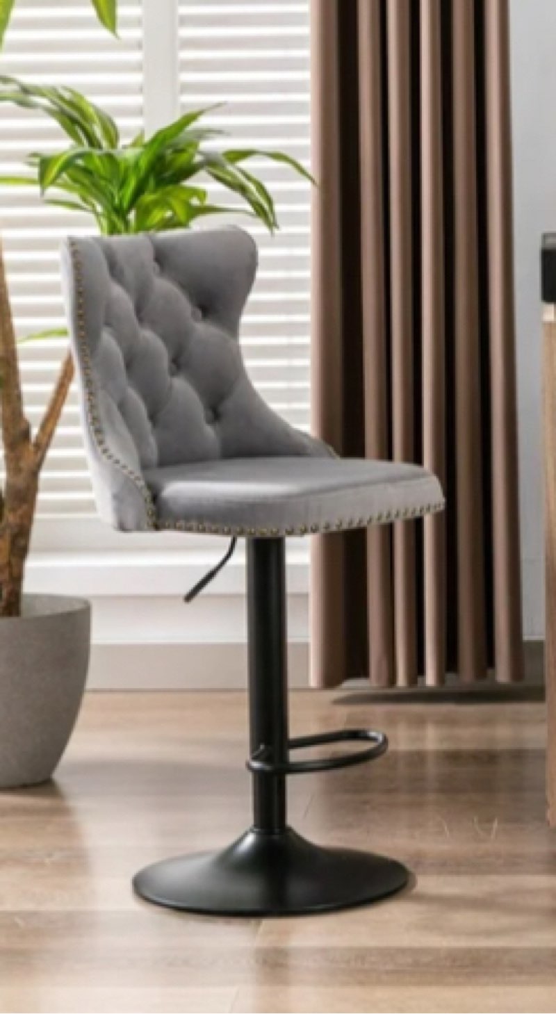 Bar Stools Set of 2, Swivel Velvet Bar Stools with Back and Footrest Modern Tufted Upholstered Adjustable Counter Height Bar Chairs with Metal Base and Nailheads Trim for Home Pub Kitchen, Gray