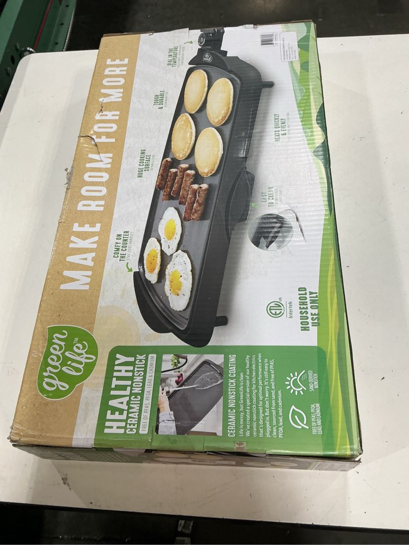 Condition photo showing New/Like New for greenlife 20" extra large electric griddle, black | pfas-free ceramic nonstick coating, temperature control, removable dishwasher safe drip tray, pancakes, eggs, omelet, burgers graphite black