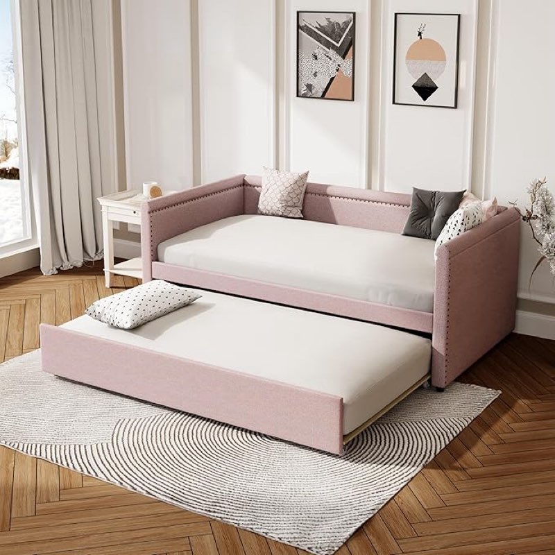 (Incomplete)Merax Modern Style Twin Size Upholstered Daybed with Trundle for Guest Room, Small Bedroom, Study Room, Pink