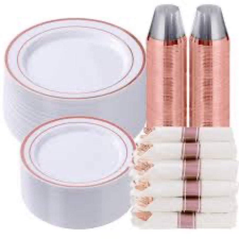 goodluck 350 piece rose gold plastic dinnerware set for 50 guests,fancy disposable plates,include: 1