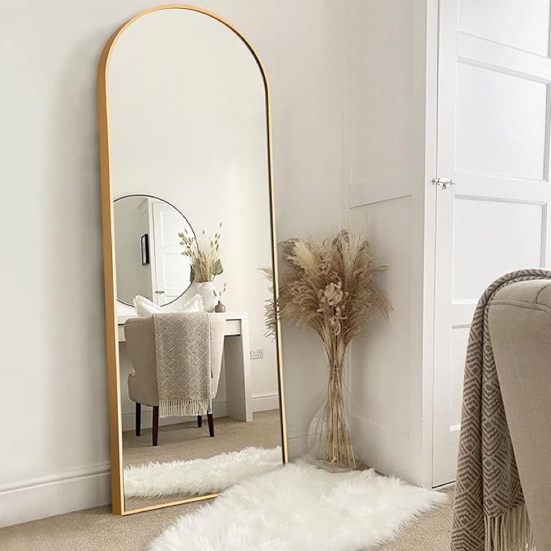 NeuType Arched Full Length Mirror Standing Hanging or Leaning Against Wall, Oversized Large Bedroom Mirror Floor Mirror Dressing Mirror, Aluminum Alloy Thin Frame, Gold, 65"x22