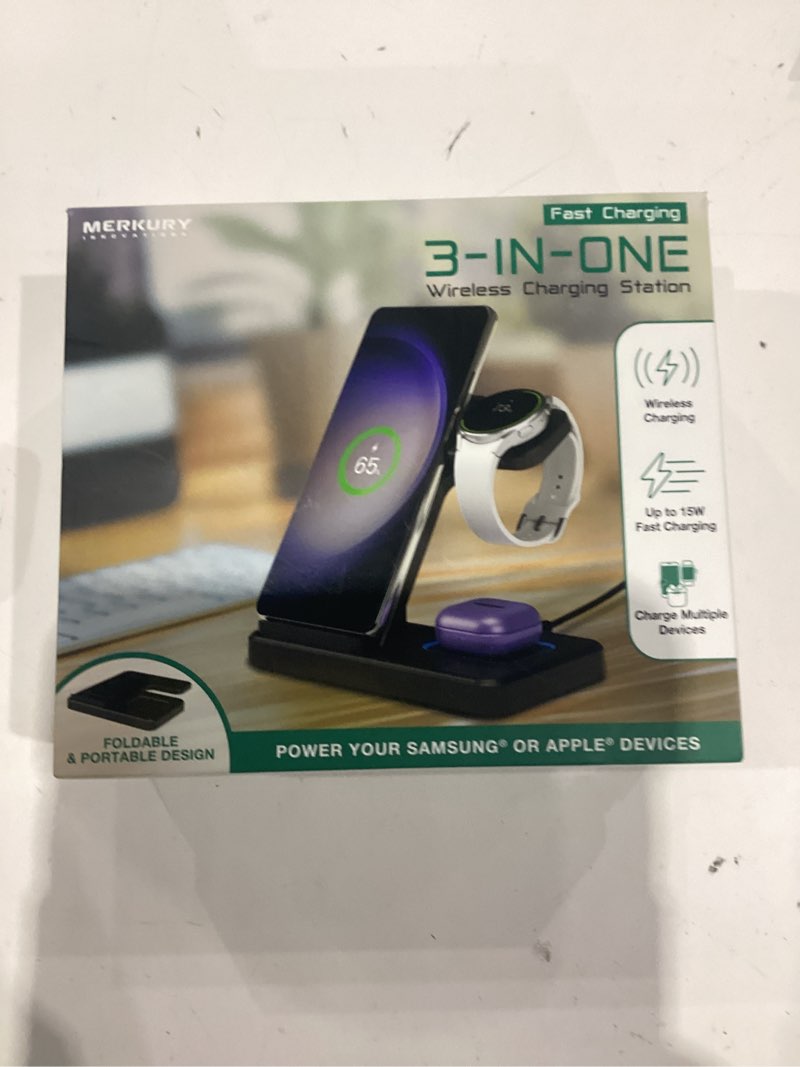Condition photo showing New/Like New for merkury innovations 3-in-1 wireless charging station for samsung galaxy phone, watch & buds – foldable, black