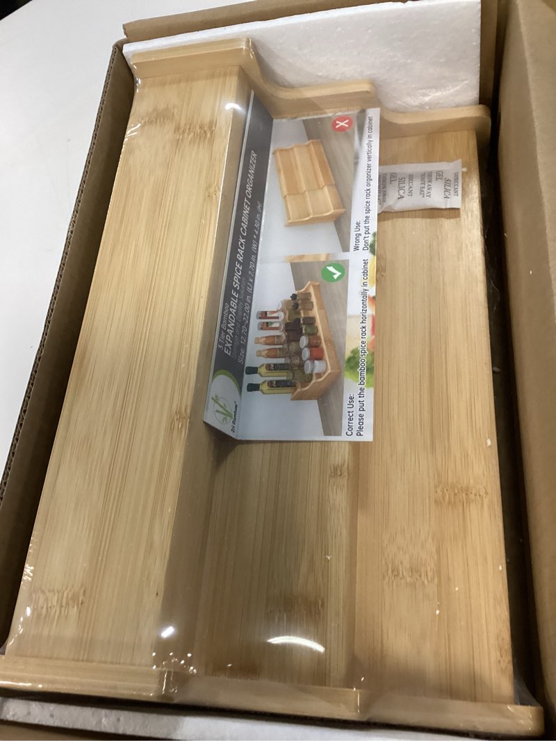 Condition photo showing New/Like New for spice rack kitchen cabinet organizer- 3 tier bamboo expandable display shelf yellow