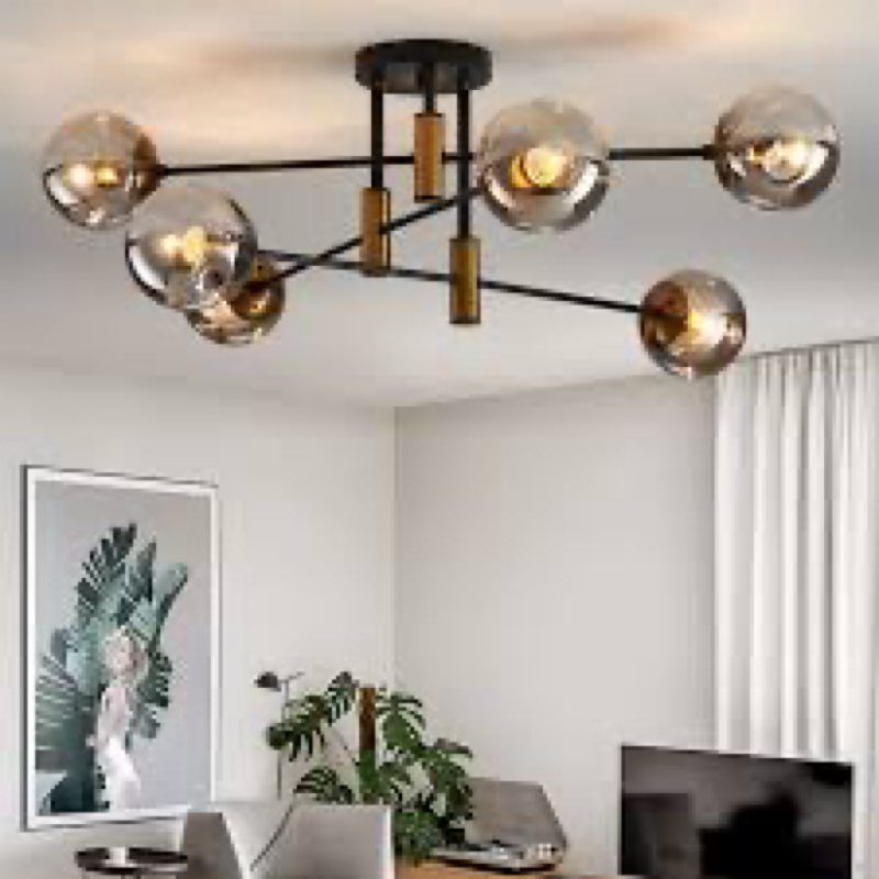 DDLLDESHI 6-Light Glass Globe Sputnik Chandelier Modern Matte Black and Gold Ceiling Light Fixture V