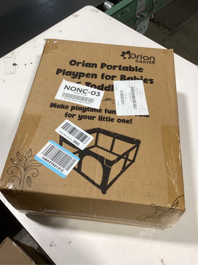 Condition photo showing As Is for orian baby playpen 50x50 large play yard for babies and toddlers, indoor outdoor playpen, sturdy baby play pen with mesh sides, safe baby fence play area, assembly required/not portable, w storage bag