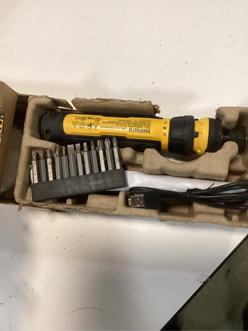 Condition photo showing New/Like New for DEWALT Cordless Screwdriver, 4V USB Rechargeable Electric Screwdriver with 12 pcs Screwdriver Bit Set, LED Light, FLEXDRIVE Control, Compact, Ergonomic (DWHT66719) NEW FLEXDRIVE Cordless Screwdriver
