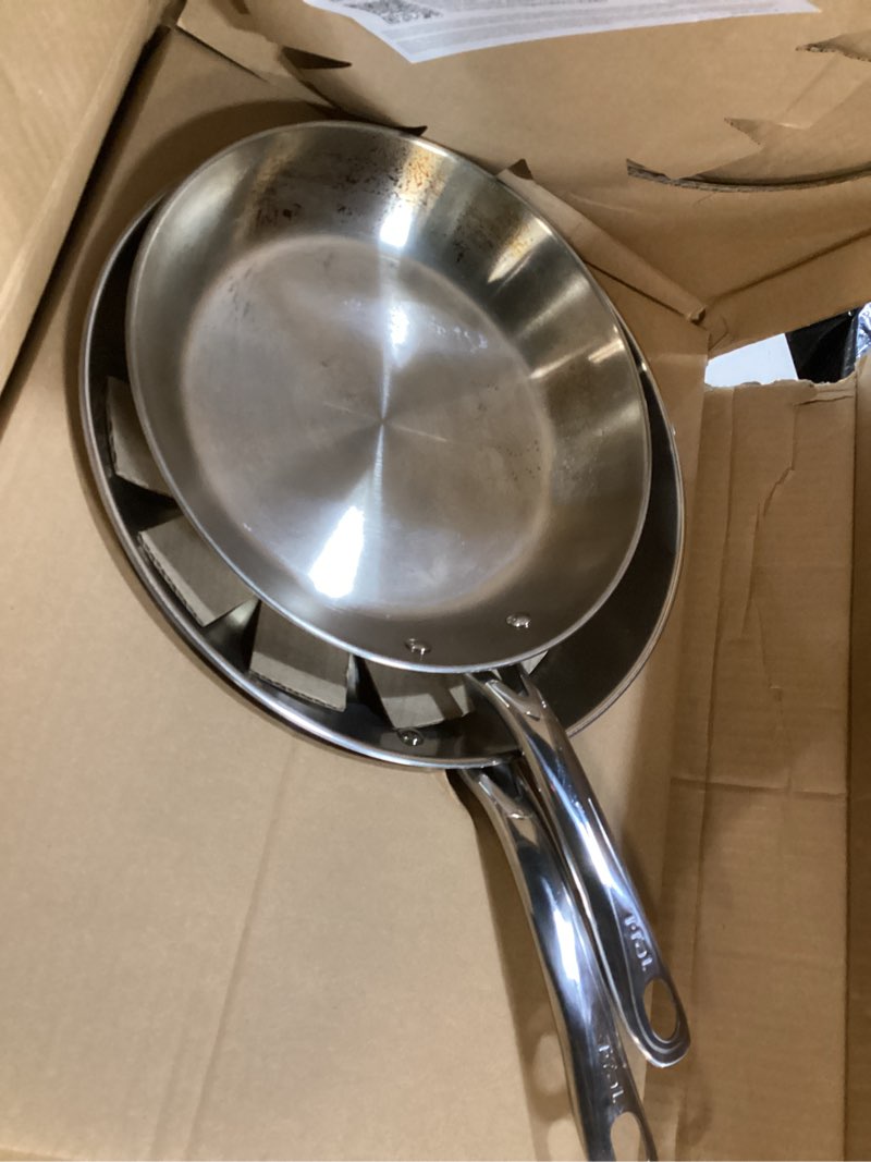 Condition photo showing As Is for t-fal gourmet 11\\\" & 12\\\" stainless steel pan set of 2 pack, induction compatible, dishwasher safe, oven safe to 500°f, skillet set, frying pans, silver fry pan 11 inch and 12.5 inch