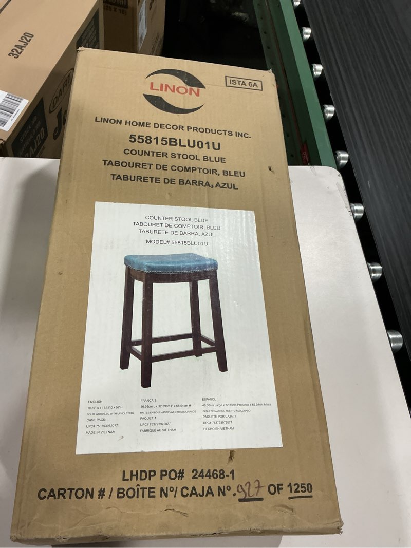 Condition photo showing New/Like New for linon claridge backless counter stool blue faux leather wood frame in dark brown