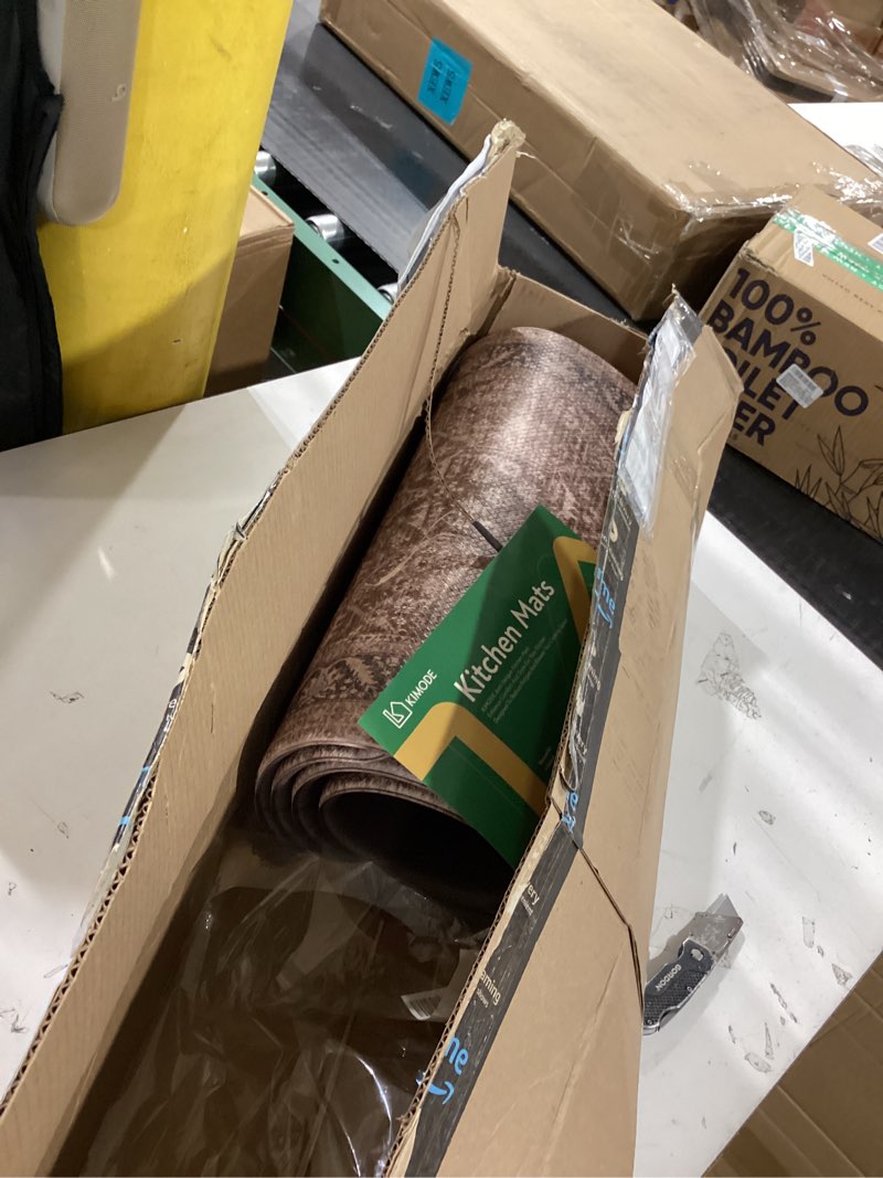 Condition photo showing As Is for KIMODE Anti Fatigue Kitchen Mats 20"x59"+20"x32", Boho Vintage Kitchen Floor Mats Non Slip, Waterproof Kitchen Mat for Floor, Farmhouse Comfort Standing Mat for Laundry Office Sink Desk Green/Grey 20" x 59"+20" x 32"--0.47 inches Green/Grey