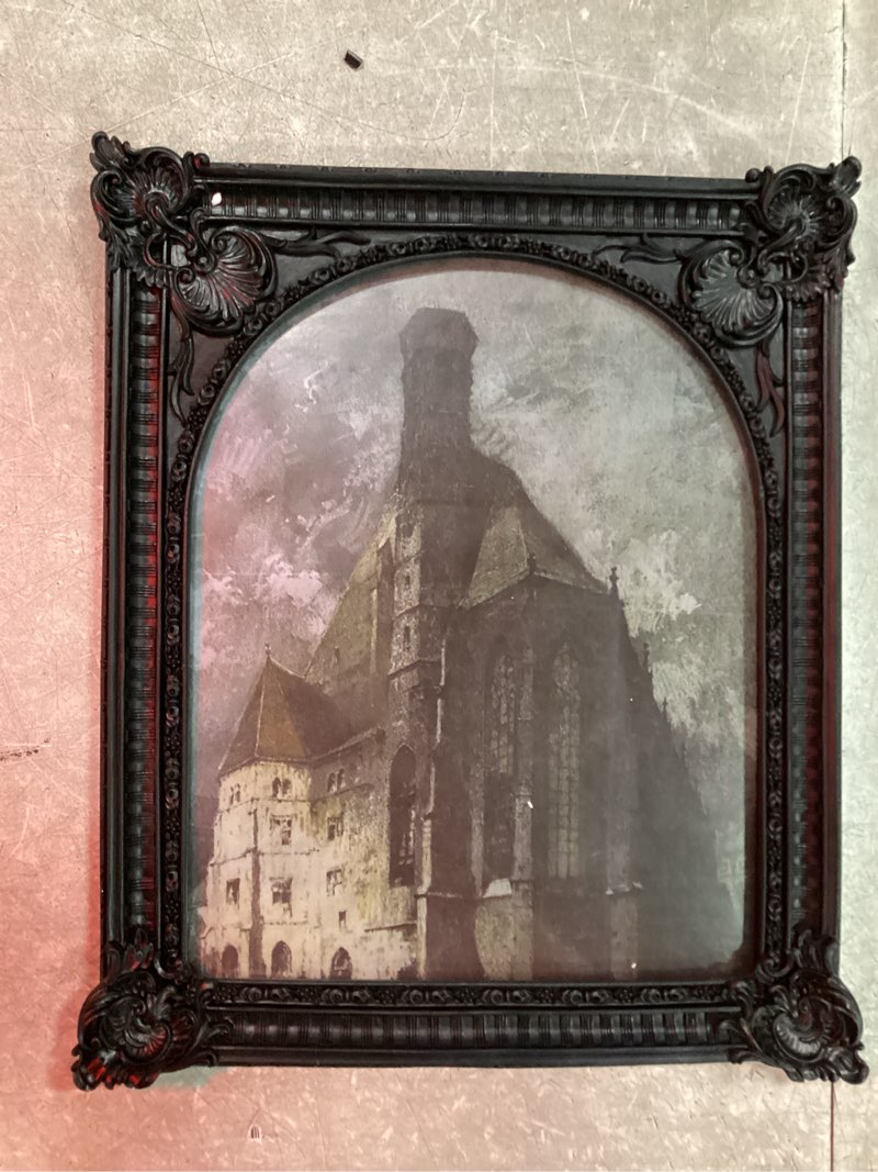 Condition photo showing As Is for 8x10 vintage picture frame, antique black ornate arched photo frame for wall hanging or tabletop display, retro gothic home decor, photo gallery art black 8x10