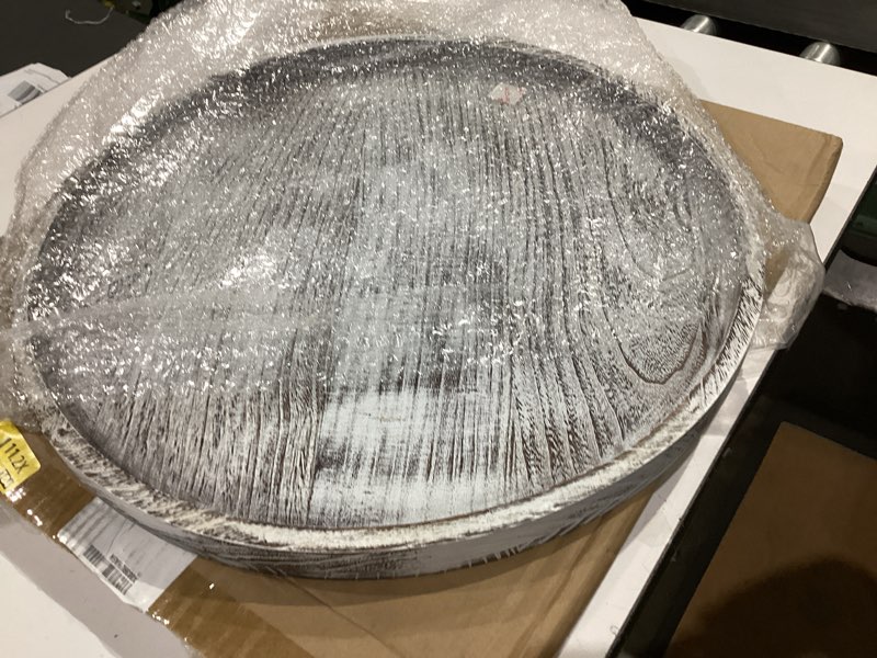 Condition photo showing New/Like New for yangqihome round wood tray, acacia wooden serving tray, serving platter, appetizer charcuterie board, tray organizer for kitchen/countertop, 13.8 x 13.8 x 0.8 inch 13.8"
