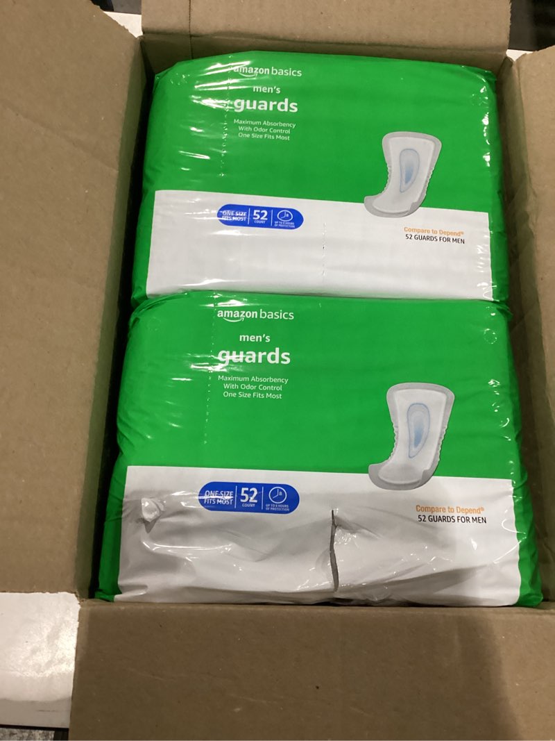 Condition photo showing New/Like New for Amazon Basics Men's Incontinence Guards, Maximum Absorbency, 104 Count, (2 Packs of 52)
