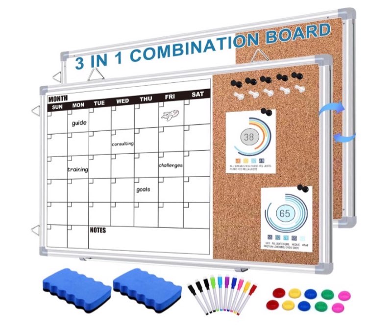 Magnetic Dry Erase Calendar Whiteboard Corkboard Combo, 36 x 24 Inch Monthly Calendar Whiteboard Bul