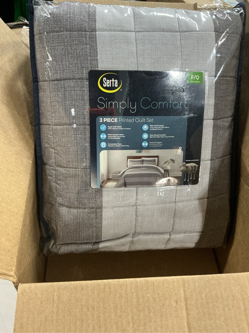 Condition photo showing Good Condition for Serta Simply Comfort Billy Modern 3 Piece Soft Bedding Stripe Quilt Set with Pillow Case for All Season, Full/Queen, Grey