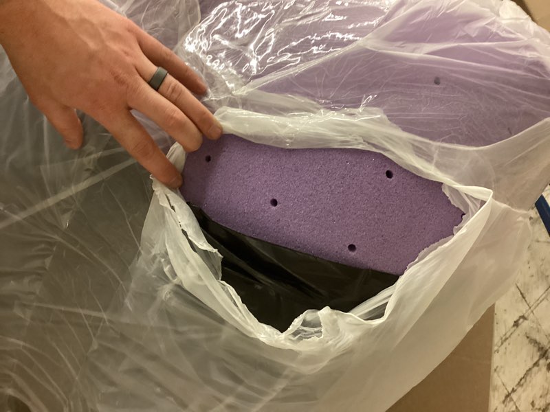 Condition photo showing As Is for 2 inch full lavender infusion memory foam mattress topper for relaxing sleep, ventilated & pressure relieving, certipur-us certified, medium firm topper in a box, full size, 54"x75" 2 inch full purple