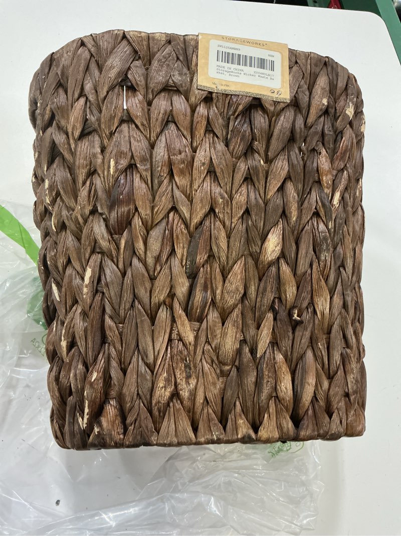Condition photo showing New/Like New for storageworks 4.5 gallon slim bathroom trash can with built-in handles, decorative wicker waste basket for bathroom and bedroom, office garbage cans for bedroom, narrow trash bin for decor, brown