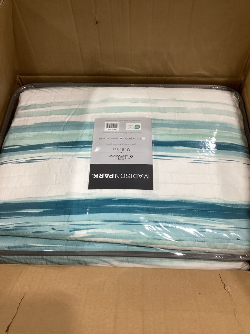 Condition photo showing As Is for Madison Park Quilt Set Cottage Coastal Design, 6 Piece Set - All Season, Coverlet Bedspread Lightweight Bedding Layer, Shams, Toss Pillows, King/Cal King(104 in x 94 in), Aqua/White Aqua/White King/Cal King(104 in x 94 in)