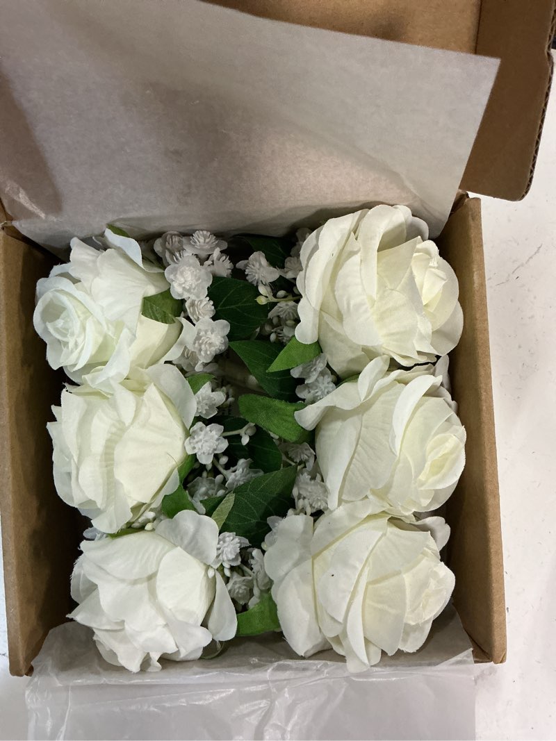 Condition photo showing New/Like New for 6pcs ivory white rose boutonniere for men wedding, dance party | groomsmen groom and best man boutonniere for wedding, rose boutonniere for men prom homecoming anniversary party white boutonniere 6pcs