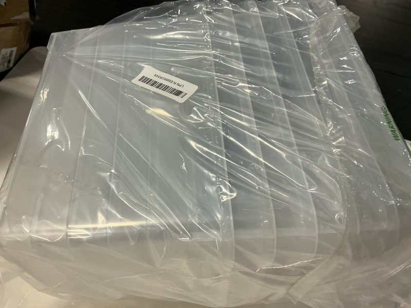 Condition photo showing Good Condition for wyt 6-pack clear 7 quart storage latch box/bins, plastic stackable latching box with brown handle and lid, multi-purpose, 7 litre