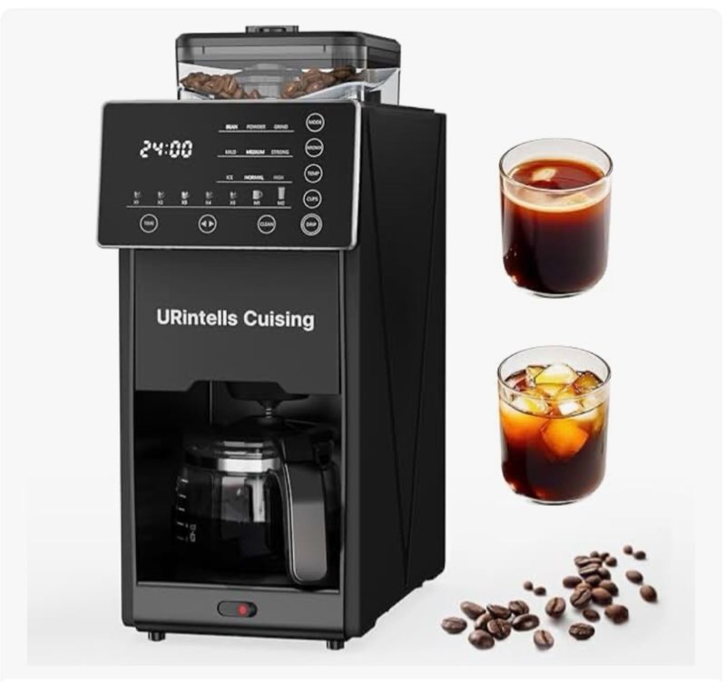 urintells cuising coffee maker with grinder, programmable hot and cold coffee maker with 22 oz glass