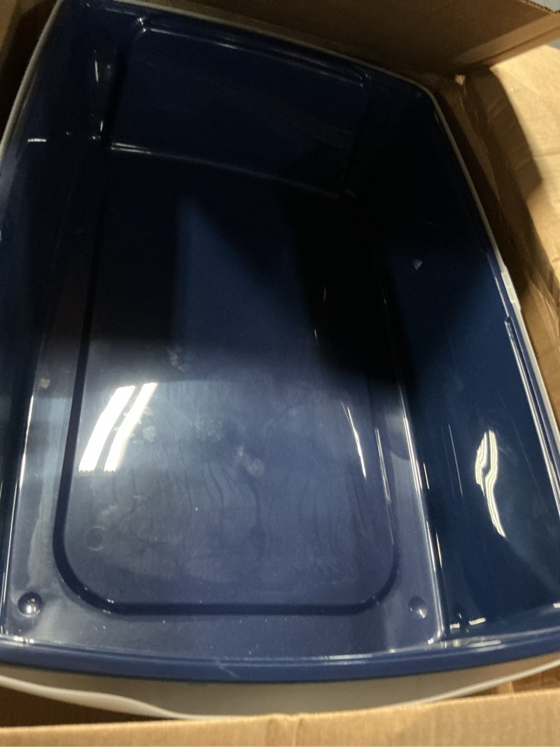 Condition photo showing Good Condition for cat litter box, high sided litter box with top entry, navy blue open top kitty litter box, easy to clean high wall design