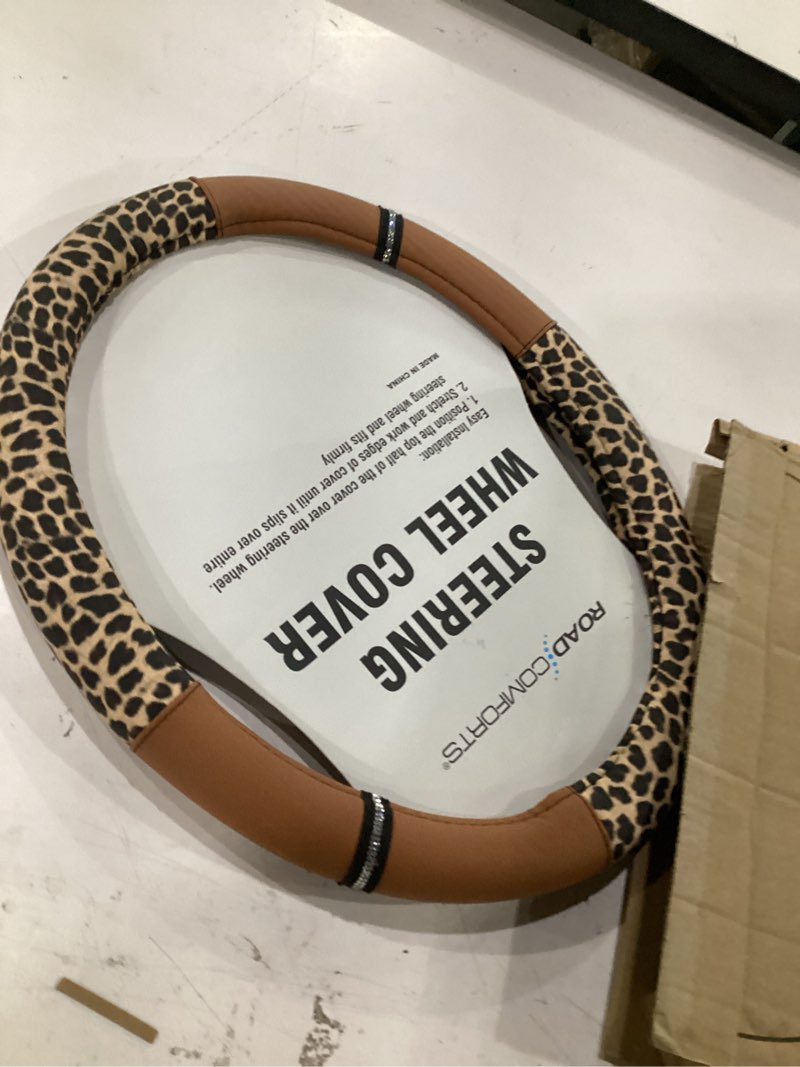 Condition photo showing Good Condition for road comforts leopard steering wheel cover for women, cute anti-slip microfiber leather, universal fit 14.5-15 inch round steering wheel - brown round brown