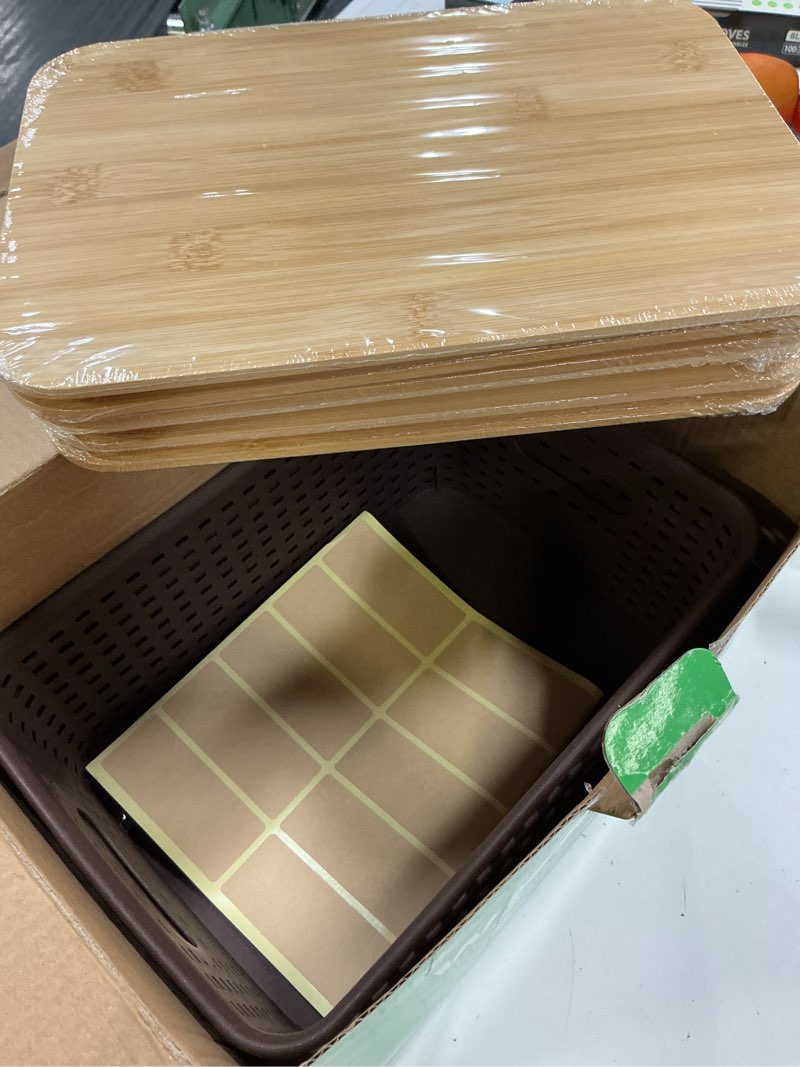 Condition photo showing Good Condition for plastic storage baskets with bamboo lids and labels, stackable storage containers, storage bins for organizing shelves drawers desktop closets office, 6 packs-brown