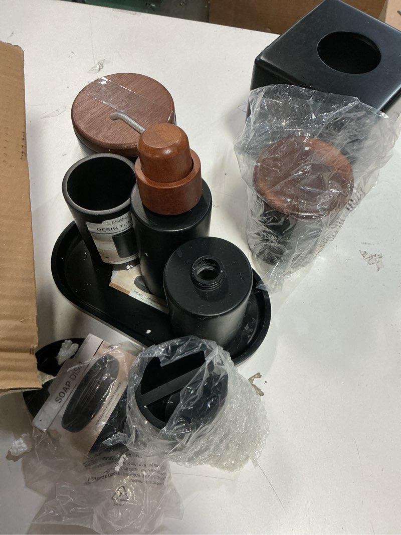 Condition photo showing Good Condition for 9-Piece Bathroom Accessories Set with Elegant Wood Lids – Bathroom Soap Dispenser Tumbler Toothbrush Holder 2 Storage Jars Tumbler Tissue Box Cover Tray Soap Dish (Black)