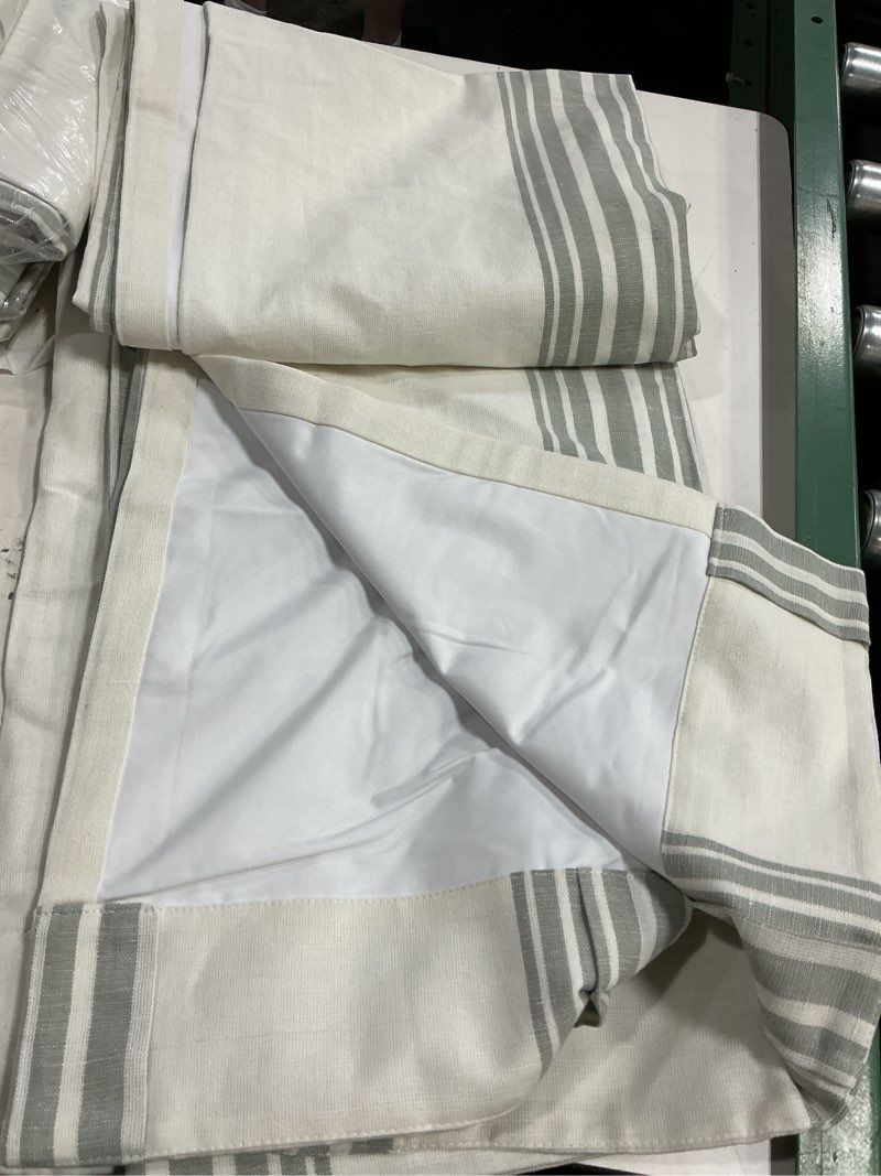 Condition photo showing Good Condition for coastal stripe linen cotton room darkening curtain - single panel 48”x96” ivory/green sage
