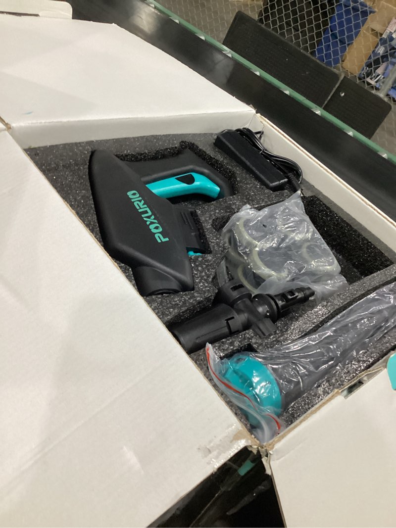 Condition photo showing Good Condition for cordless washer,foldable washer with 2x5.0ah battery, 4 adjustable model, 4.5gal tank 10ft hose, 6-in-1 nozzle for car washer,patio,camping