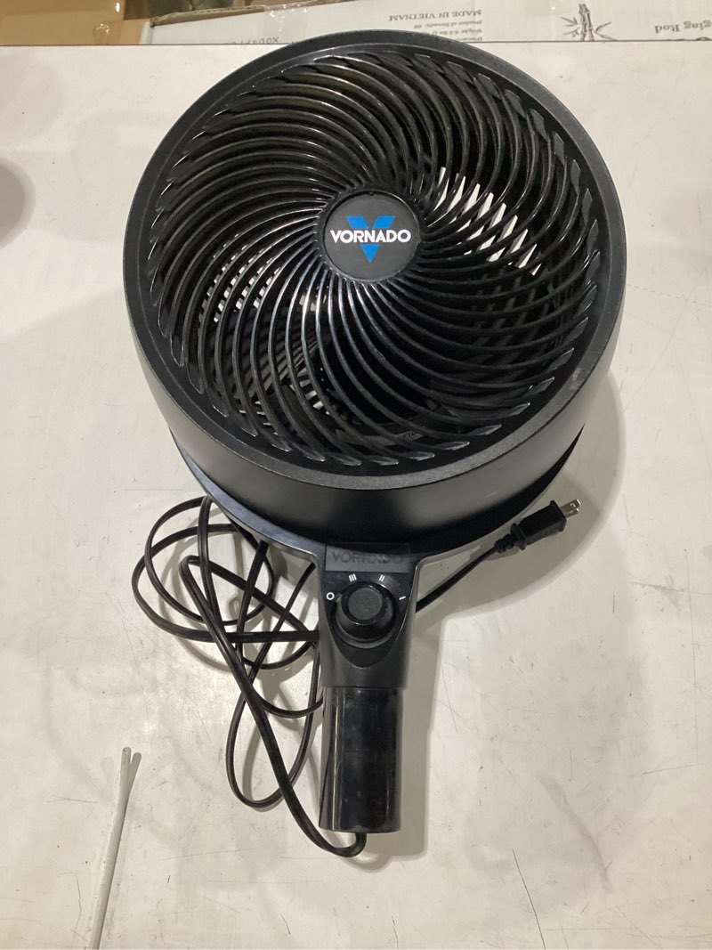 Condition photo showing As Is for **untested** vornado 683 medium pedestal whole room air circulator fan, 3 speed control, adjustable standing height, 32 to 38 inches, black