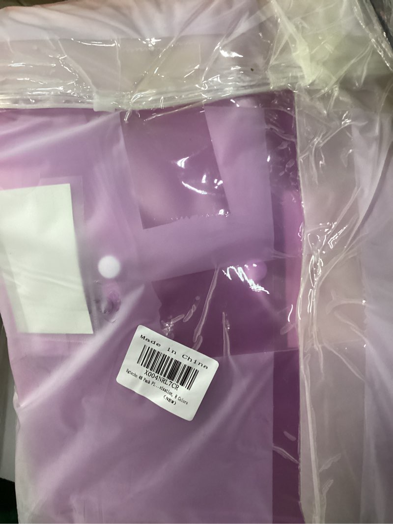 Condition photo showing New/Like New for 48 pack plastic envelopes, clear document folders letter a4 size, file envelopes with label pocket and snap button, plastic file folders for home work office organization, 8 colors