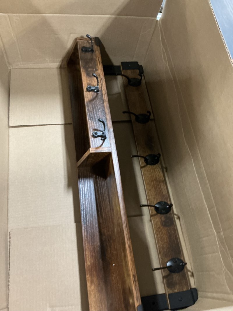 Condition photo showing As Is for homode coat rack with shelf, wall shelf with hooks, 26 inch long coat hanger wall mount with key and mail holder, wood entryway shelves for hanging hat jacket backpack purse, rustic brown black