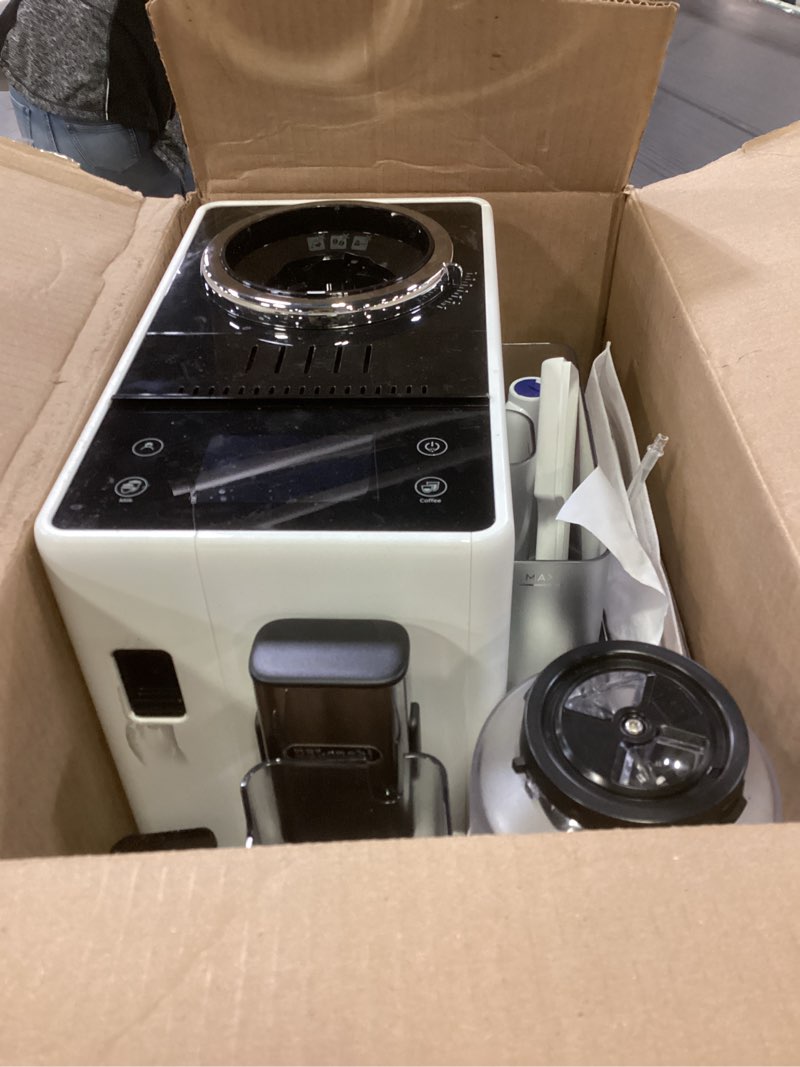 Condition photo showing As Is for De'Longhi Rivelia Automatic Espresso Machine with Grinder & Milk Frother – All-in-One Coffee Maker, Hot & Iced Latte, Cappuccino, Bean Switch System, Burr Grinder, Compact Italian Design, White Arctic White