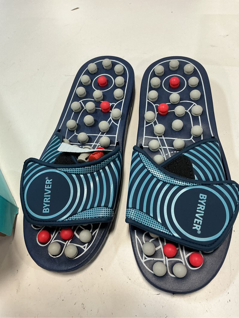 Condition photo showing New/Like New for (Size XL)BYRIVER Spring Acupuncture Massage Slippers Deep Tissue Foot Massager, Neuropathy Arthritis Plantar Fasciitis Relief Massage Ball (05XL) XL-Men(11-12) Blue Spring Slippers