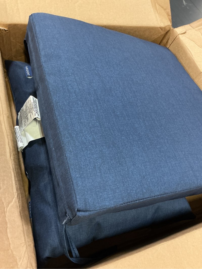 Condition photo showing Good Condition for arden outdoor dining chair cushion, 21 x 21, rain-proof, fade resistant 21 x 21, sapphire blue leala 21 x 21 dining cushion set sapphire blue leala