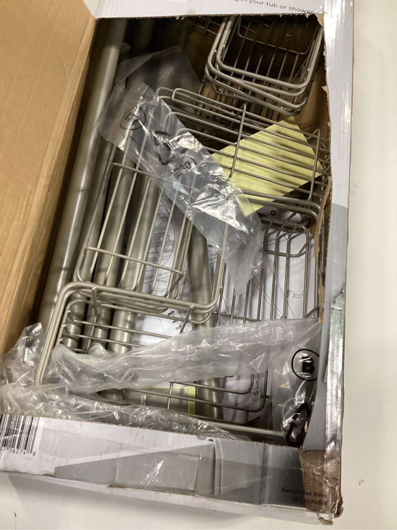 Condition photo showing Good Condition for zenna home tension pole shower caddy corner organizer, adjustable standing shower caddy with 4 l-shaped baskets and hooks, rust resistant bathroom tension rod organizer, 60 to 97 inch, satin nickel