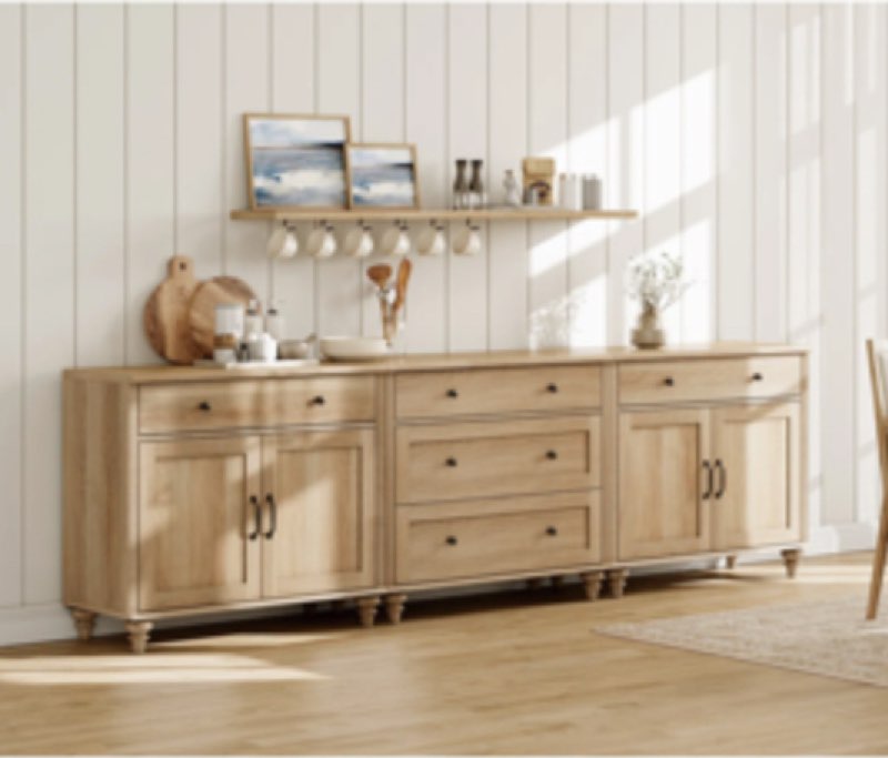 Scarlett Sideboard Cabinet With 5 Drawers And 4 Doors, Vintage Wood Grain Design, Buffet Cabinet With Storage,Coffee Bar For Dinning Room, Kitchen And Living Room, 101 Inch (Incomplete)