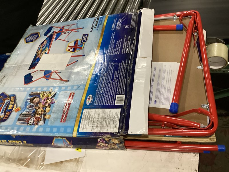 Condition photo showing Good Condition for paw patrol movie kids table & chairs set for kid and toddler 36 months up to 7 years, includes: 1 table (24" l x 24" w x 20" h), 2 chairs (13" l x 13.5" w x 21" h) weight limit: 70 lb