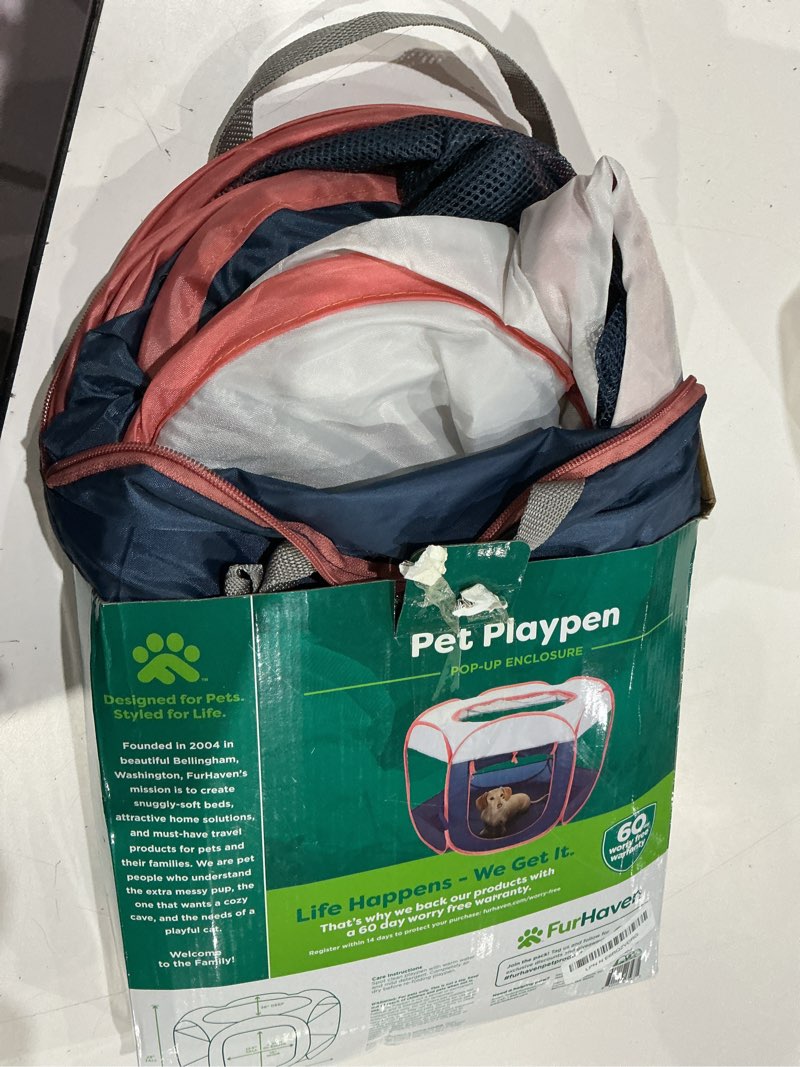 Condition photo showing As Is for furhaven portable dog playpen cat tent, pet playground,kennel foldable indoor outdoor zippered puppy crate - navy, medium navy medium