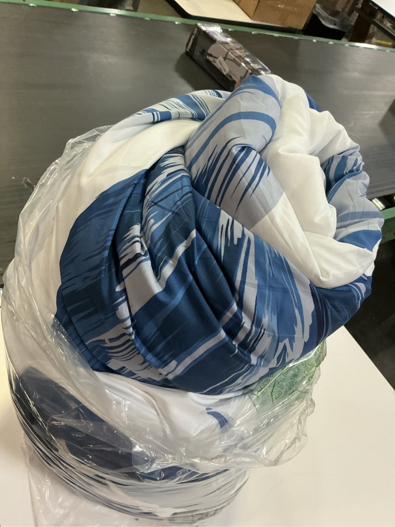 Condition photo showing As Is for wrensonge queen comforter set- 7 pieces blue tropical leaves soft bedding sets, coastal bed in a bag, botanical printed comforter with sheets for all season blue white flower queen