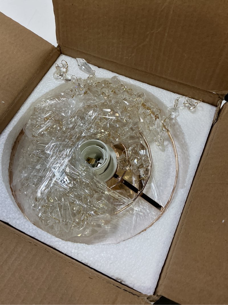 Condition photo showing As Is for FRIXCHUR Mini Size Crystal Chandelier Modern Flush Mount Ceiling Light 3 Tiers Raindrops Crystal Pendant Lighting Fixture Decoration for Bedroom Hallway Living Room,E26 Base,Gold