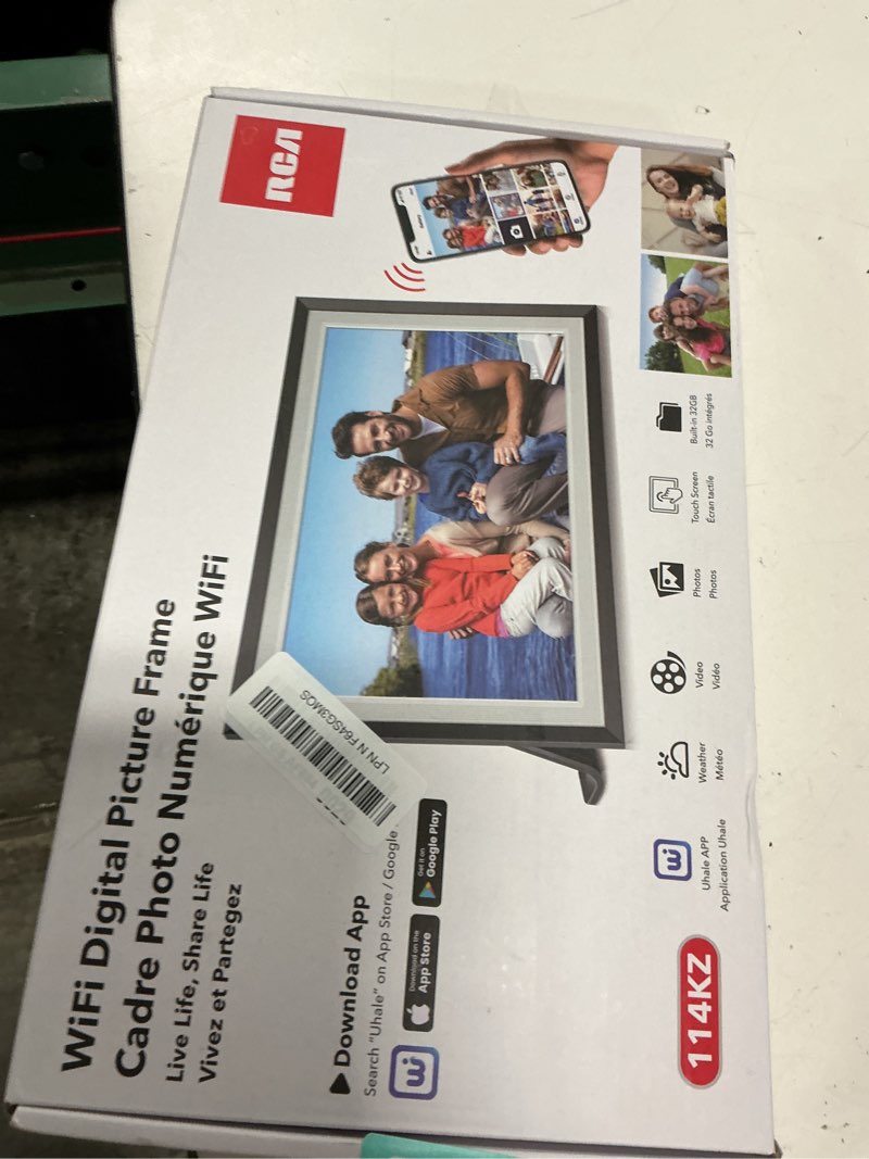 Condition photo showing New/Like New for rca 10.1” wifi digital picture frame, electronic photo frames 32gb storage, hd ips touch screen wifi frame/auto rotate/wall mounted, easy setup in uhale app to share photo/video anytime (black) black&white-10.1 inch-standard-1pack