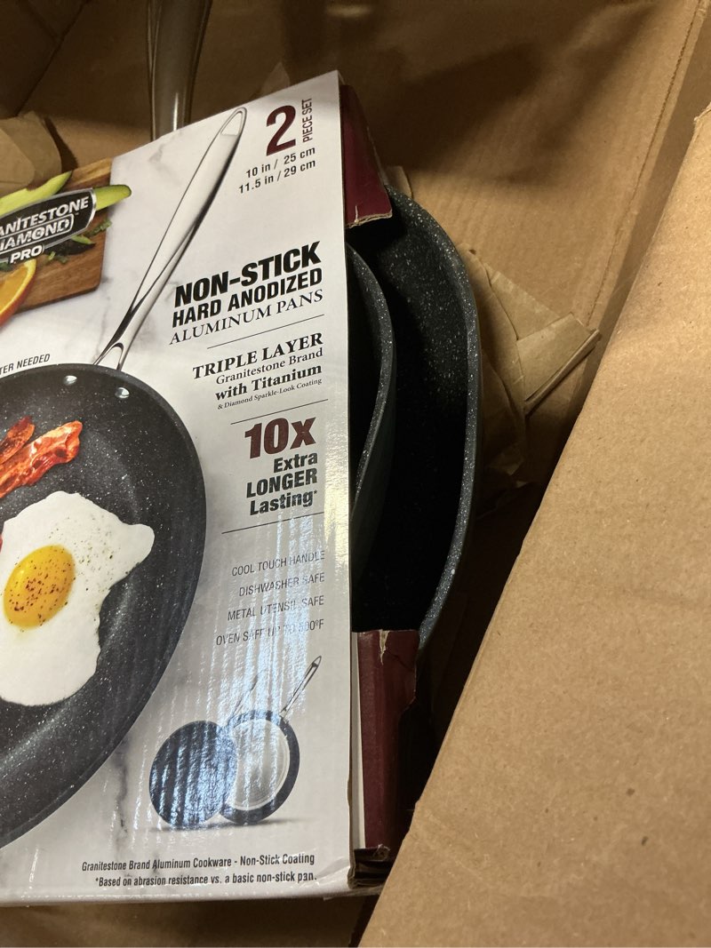 Condition photo showing As Is for Granite Stone Professional Frying Pan Set, Hard Anodized Ultra Nonstick 10” & 11.5” Pro Chef’s Skillet Set, Durable Granite Surface Coated 3x and Infused with Minerals & Diamonds, Induction Capable