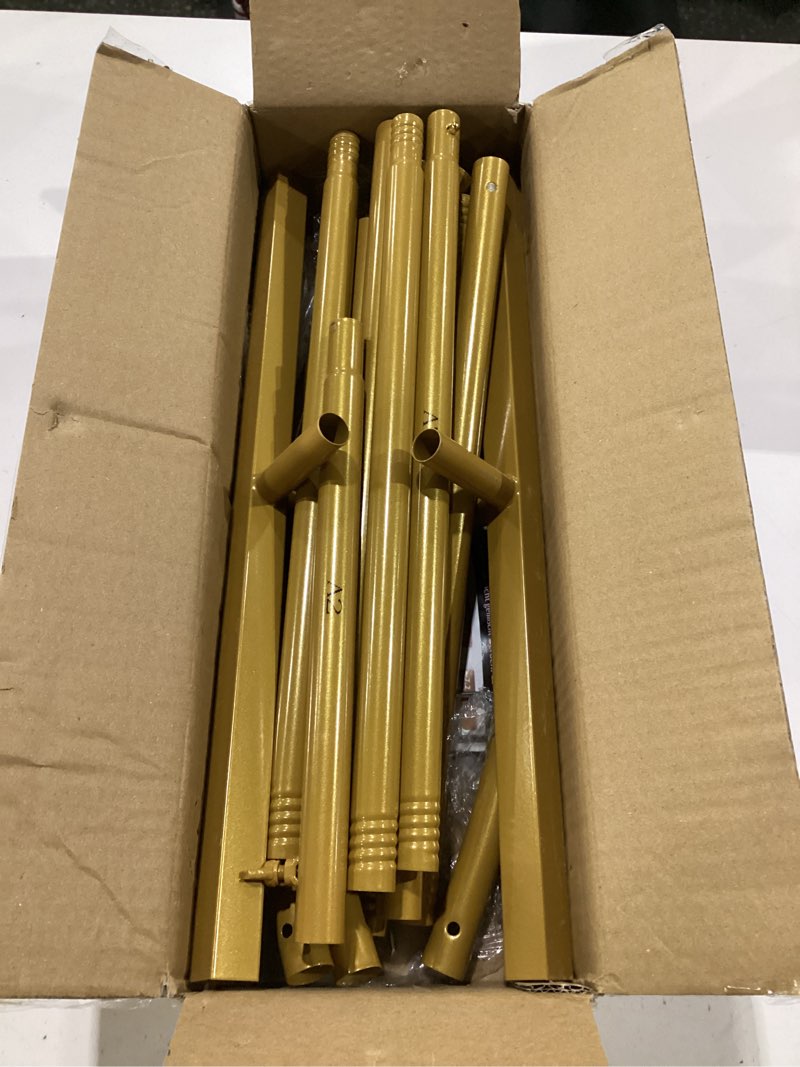 Condition photo showing As Is for 6 ft arch backdrop stand, wedding arch frame, stable metal background stand with square base ground nails, for birthday party baby shower garland decoration, gold 6ft stand gold