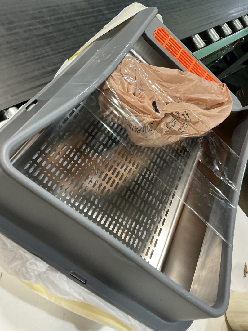 Condition photo showing As Is for stainless steel sifting litter box with lid, xl extra large sifting cat litter box for pine pellets & big cats,metal pellet sifter litter pan system for odor control,sifting box liners & scoop xl:23.6''×15.7''×10''